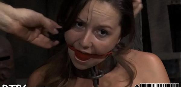  Tied up villein receives constricted mask with hard toy in her cunt